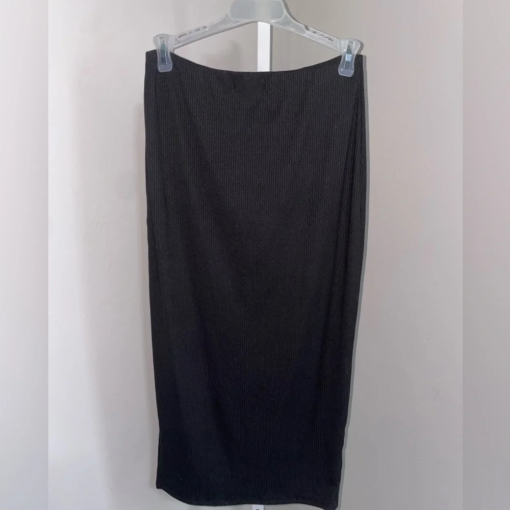 Ninexis Black Ribbed Knit Midi Skirt M High Slit Bodycon Stretch Edgy - Picture 6 of 7
